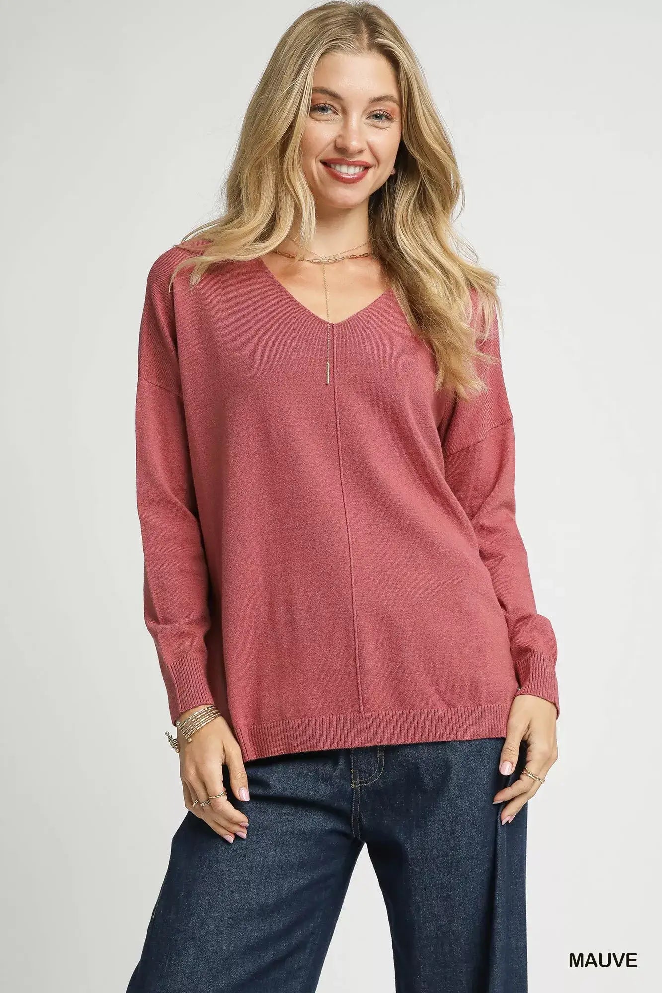 Umgee V-Neck High Low Hem Knit Top with Side Slit Image principale du produit