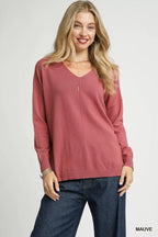 Umgee V-Neck High Low Hem Knit Top with Side Slit