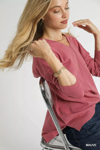 Umgee V-Neck High Low Hem Knit Top with Side Slit