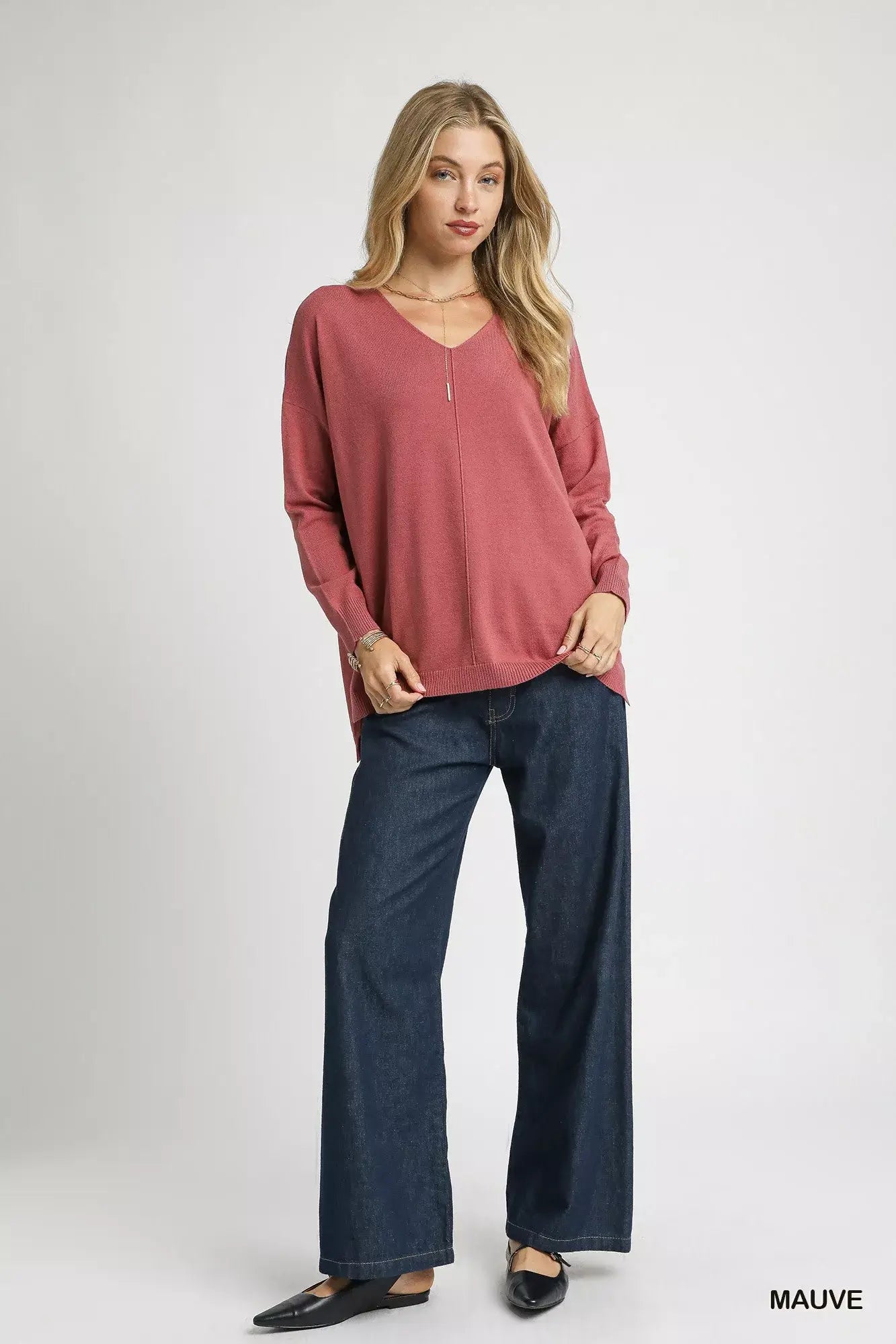Umgee V-Neck High Low Hem Knit Top with Side Slit