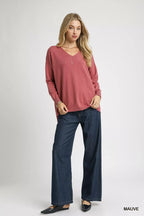 Umgee V-Neck High Low Hem Knit Top with Side Slit