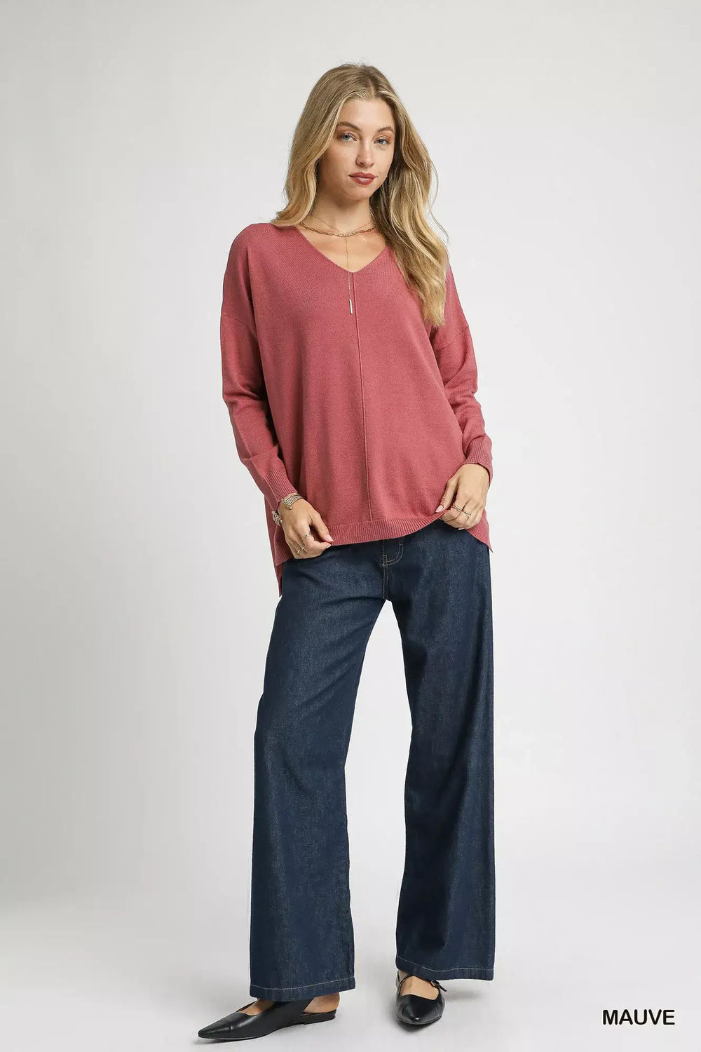 Umgee V-Neck High Low Hem Knit Top with Side Slit