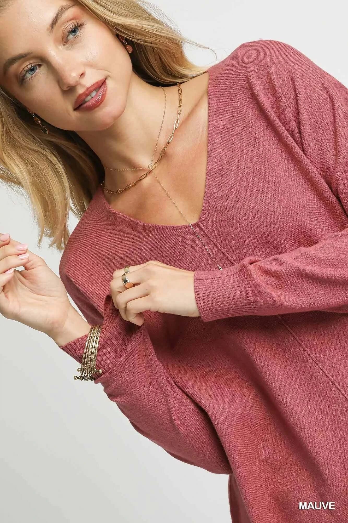 Umgee V-Neck High Low Hem Knit Top with Side Slit