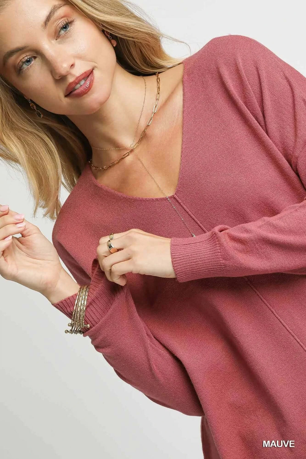 Umgee V-Neck High Low Hem Knit Top with Side Slit