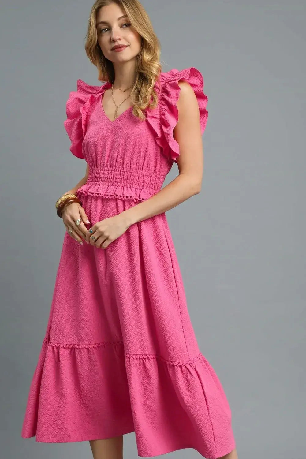 Umgee V-Neck Ruffled Cap Sleeve Midi Dress Hauptbild