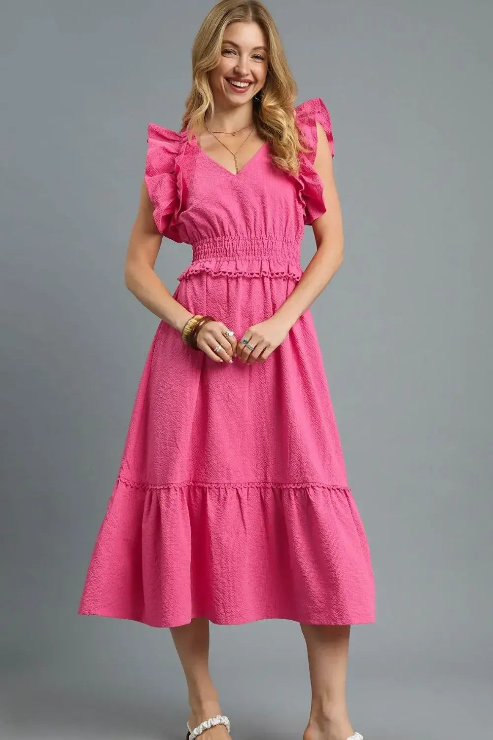 Umgee V-Neck Ruffled Cap Sleeve Midi Dress