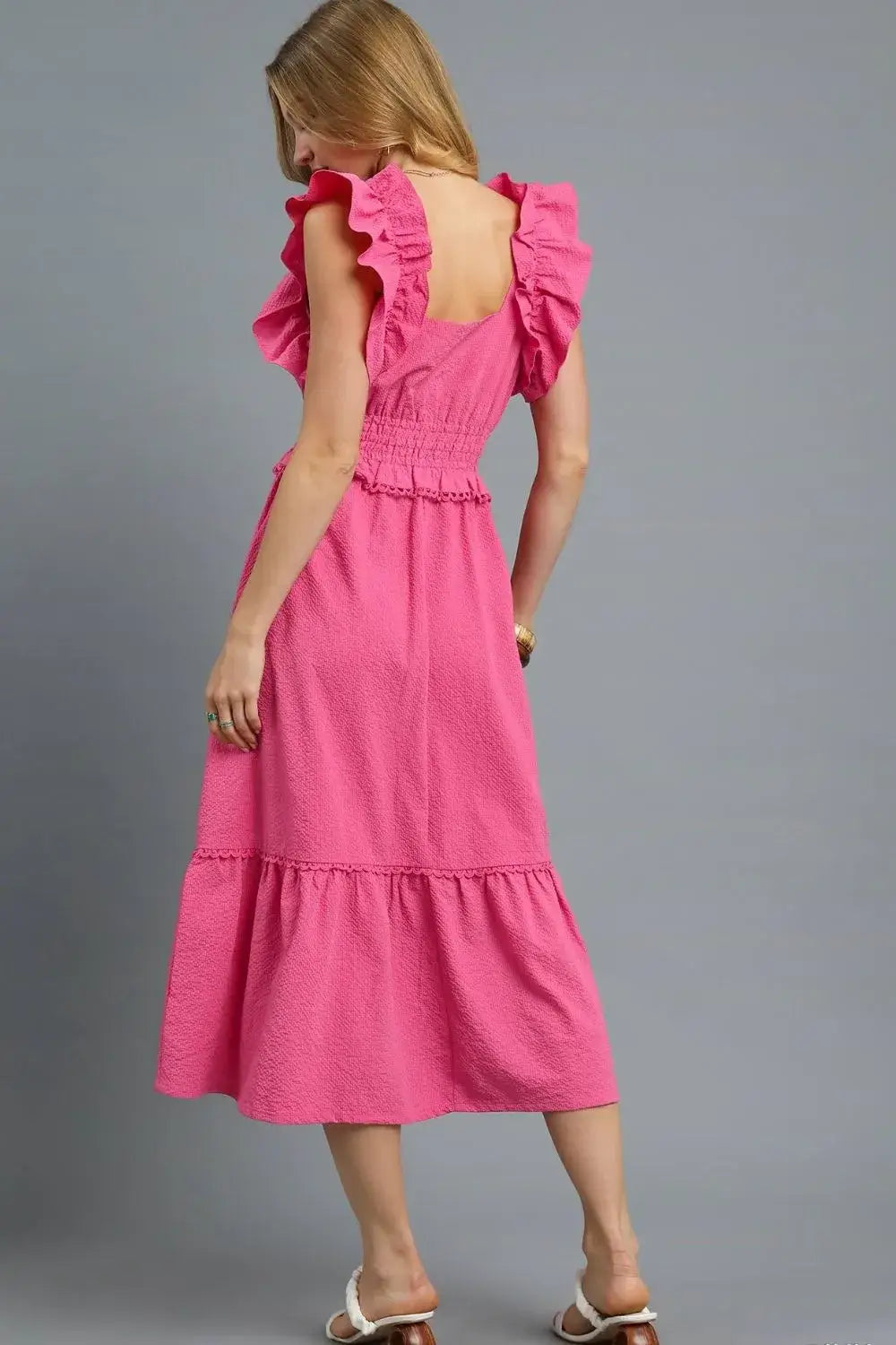 Umgee V-Neck Ruffled Cap Sleeve Midi Dress