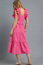 Umgee V-Neck Ruffled Cap Sleeve Midi Dress