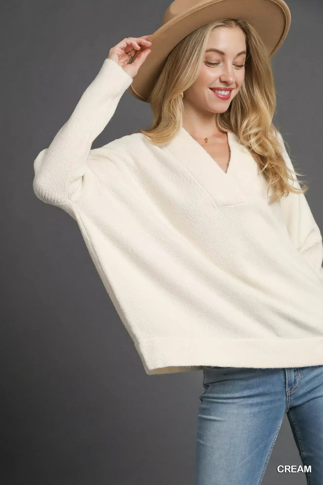 Umgee V-Neck Sweater with Wide Trim Detail