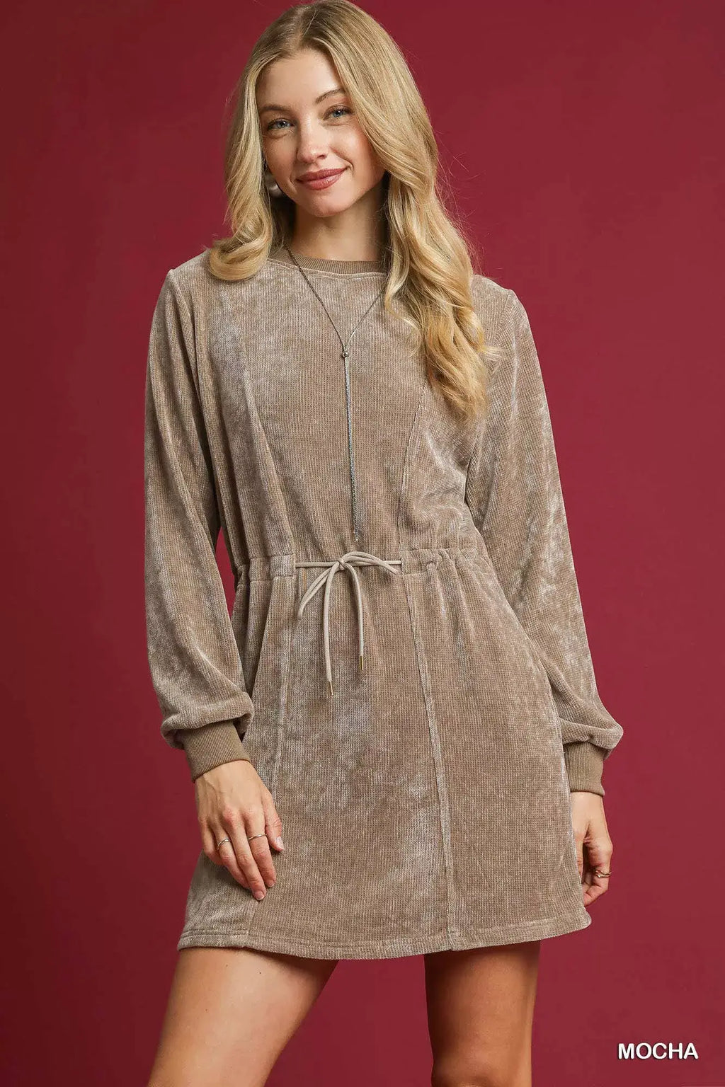 Umgee Velour Drawstring Mini Dress with Long Sleeves