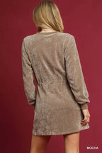 Umgee Velour Drawstring Mini Dress with Long Sleeves