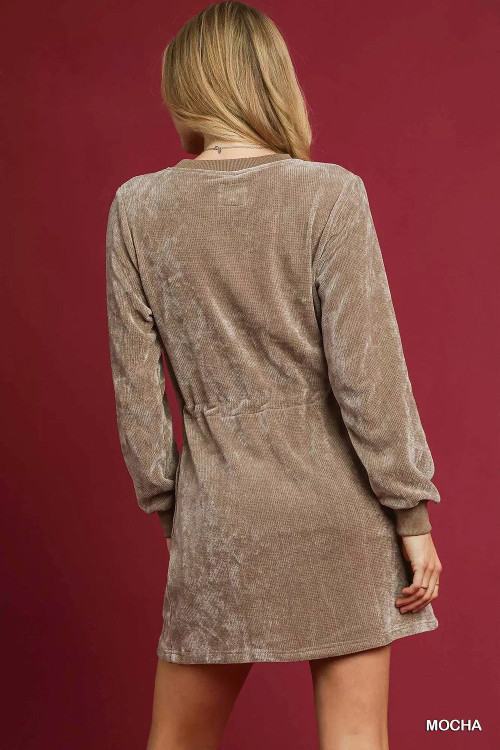 Umgee Velour Drawstring Mini Dress with Long Sleeves