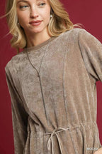 Umgee Velour Drawstring Mini Dress with Long Sleeves