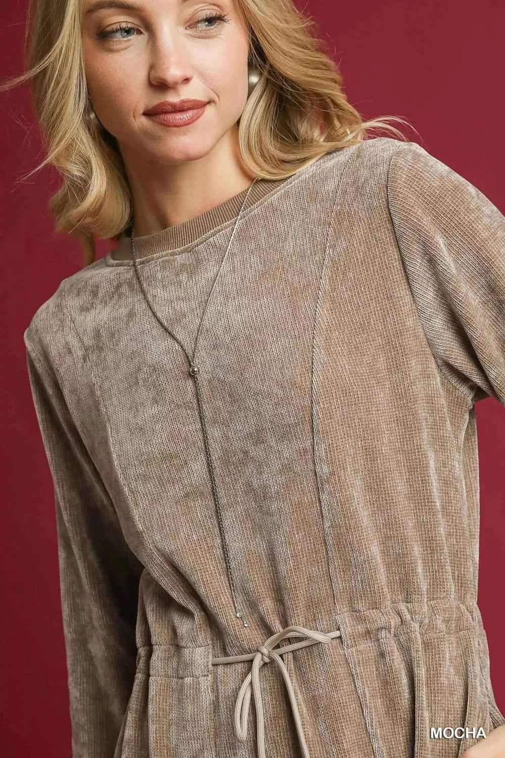 Umgee Velour Drawstring Mini Dress with Long Sleeves