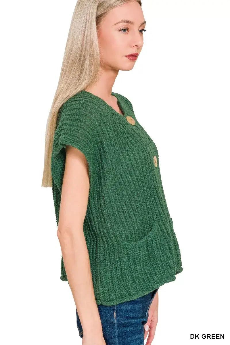 Zenana Button Down Sweater Vest with Front Pockets
