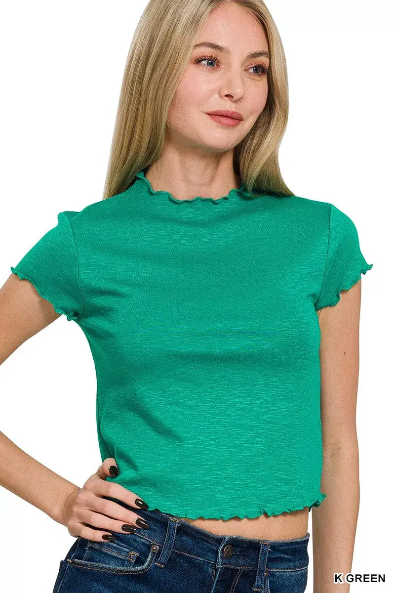 Zenana Cotton Modal Slub Lettuce Trimmed Cropped T-Shirt
