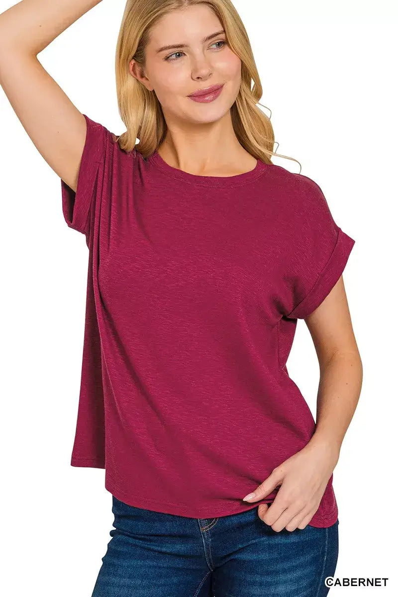 Zenana Cotton Modal Slub Rolled Sleeve T-Shirt Image principale du produit