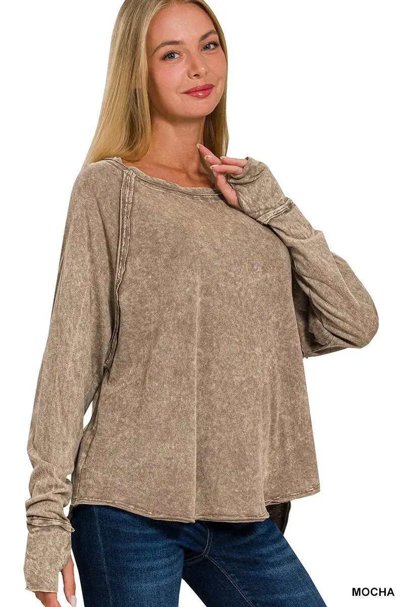 Zenana Crinkle Washed Thumb Hole Cuffs Long Sleeve Top