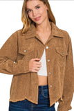 Zenana Distressed Corduroy Frayed Hem Cropped Jacket