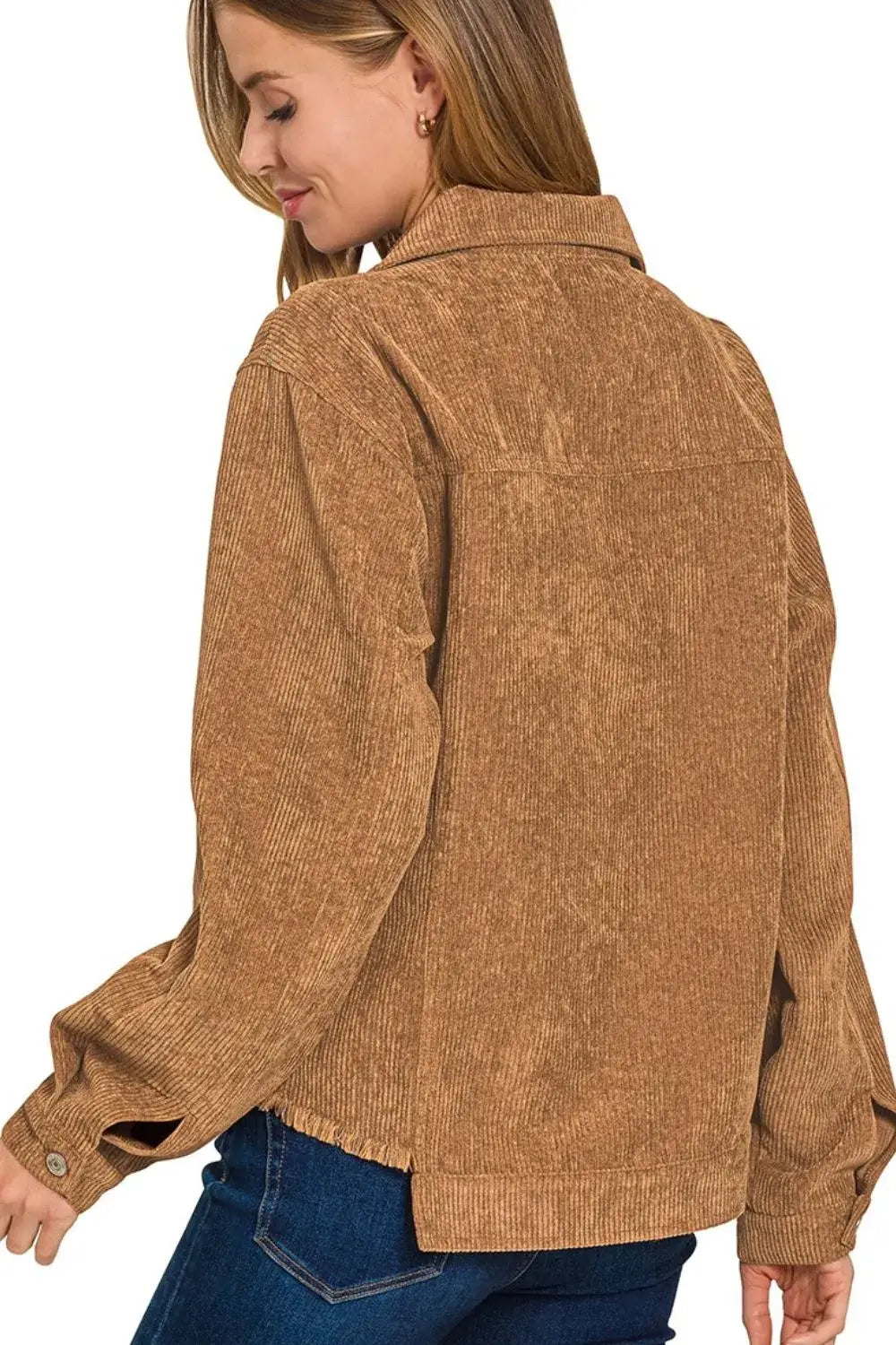 Zenana Distressed Corduroy Frayed Hem Cropped Jacket