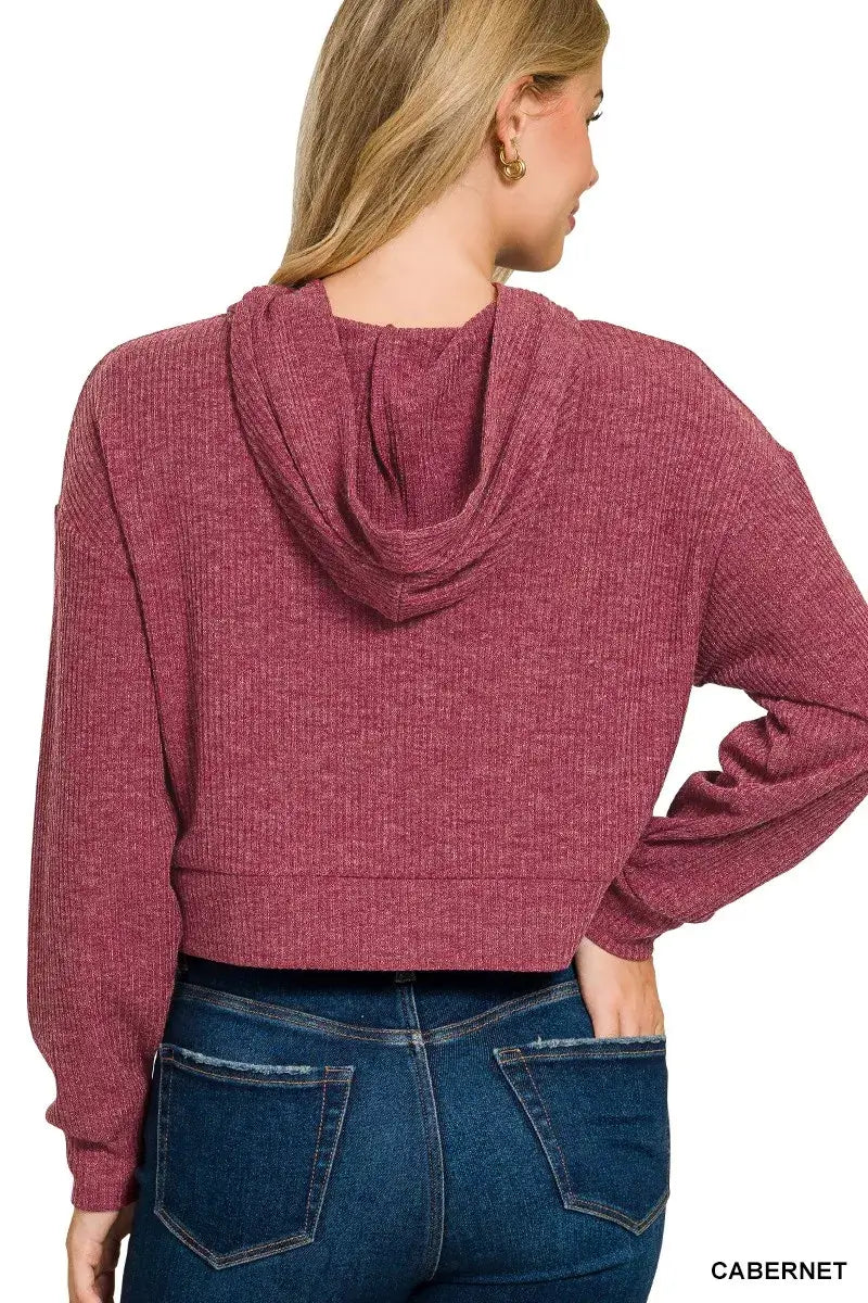 Zenana Drop Shoulder Ribbed Crop Hoodie