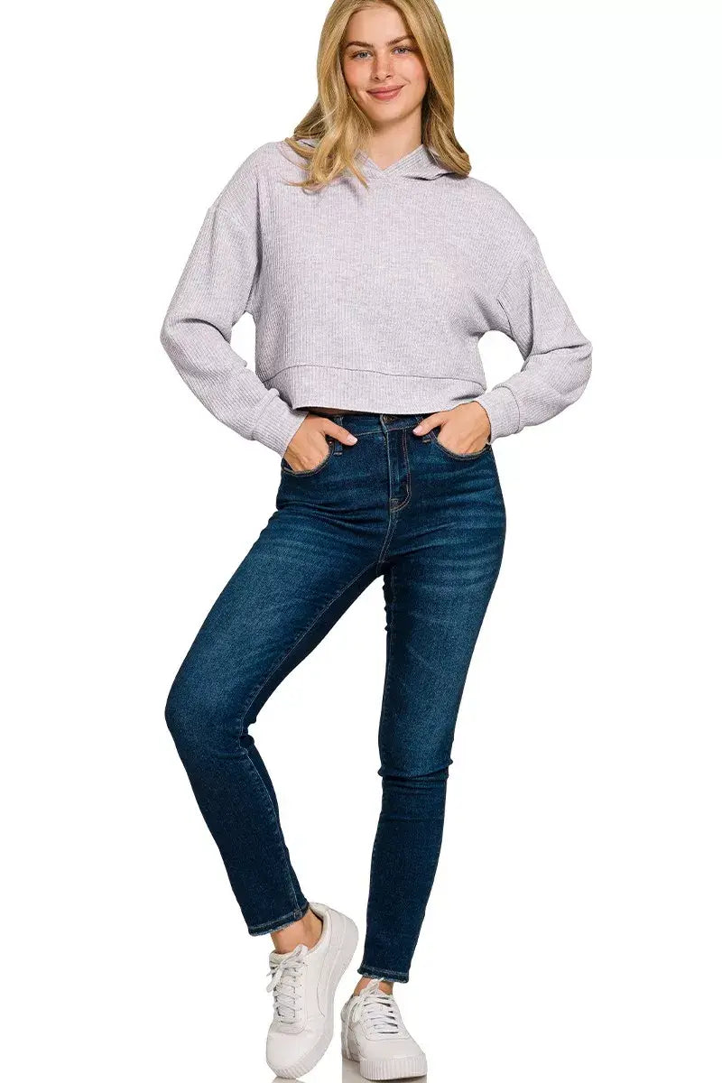 Zenana Drop Shoulder Ribbed Crop Hoodie