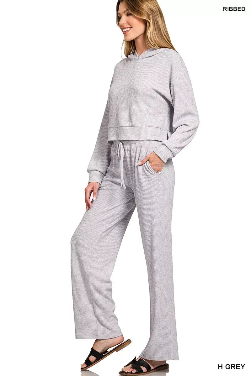 Zenana Drop Shoulder Ribbed Crop Hoodie