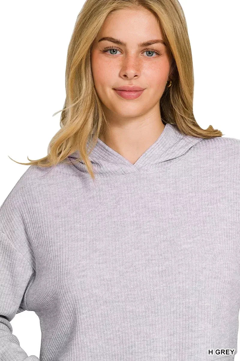 Zenana Drop Shoulder Ribbed Crop Hoodie