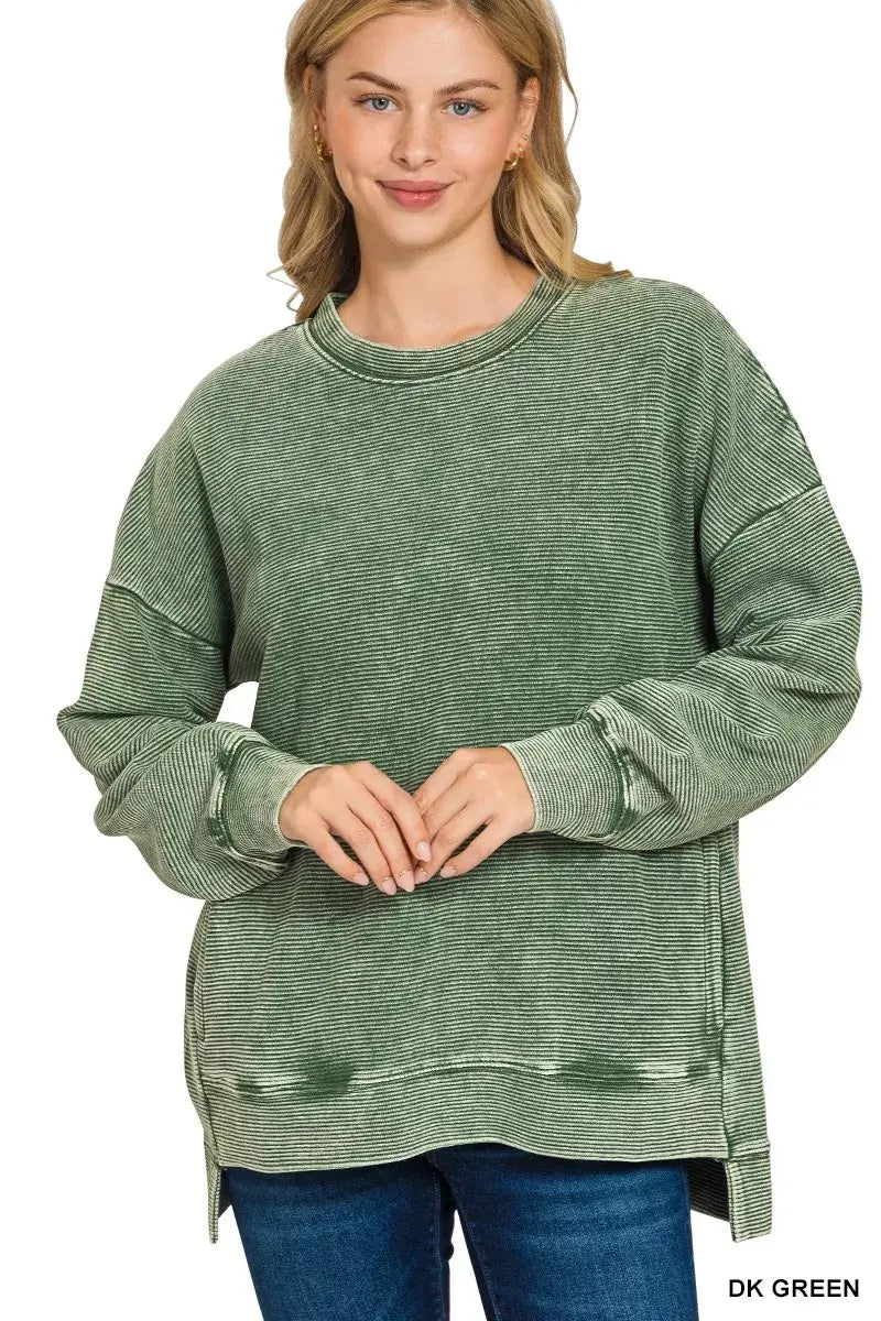 Zenana Full Size Acid Washed Double Ribbed Hi-low Sweatshirt Plus Size