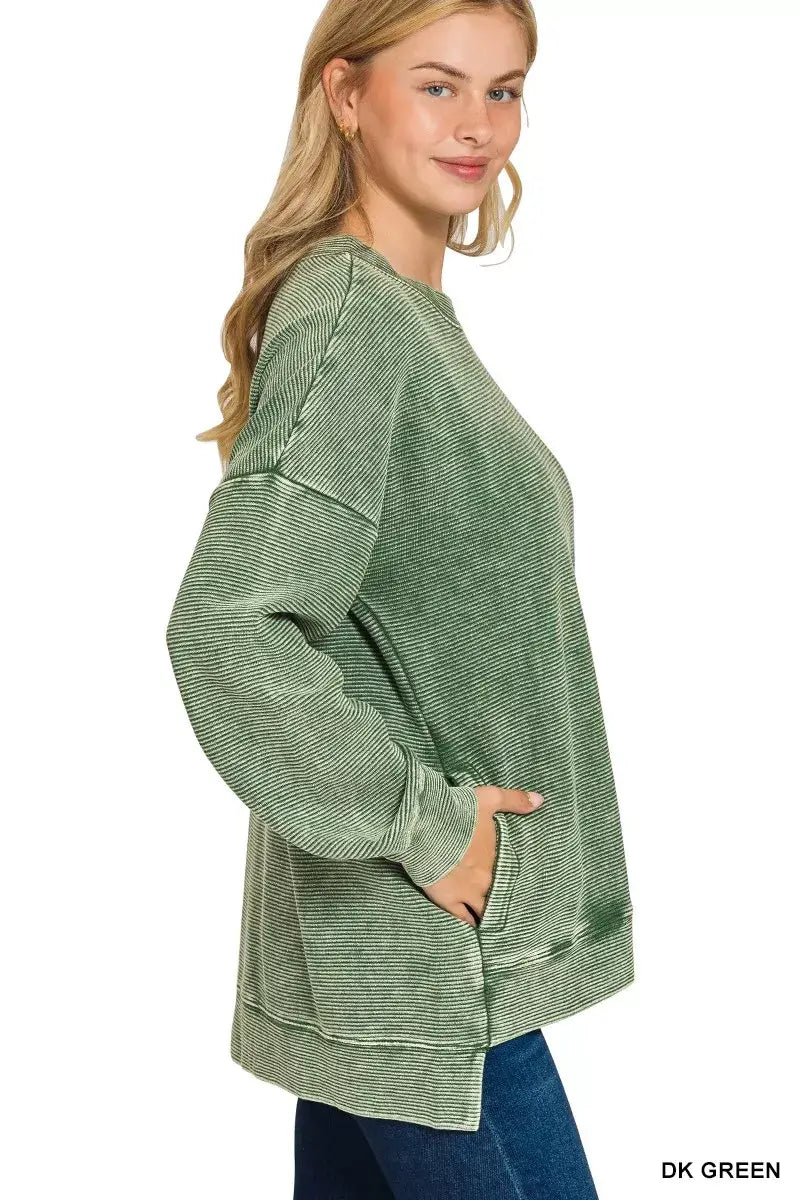 Zenana Full Size Acid Washed Double Ribbed Hi-low Sweatshirt Plus Size