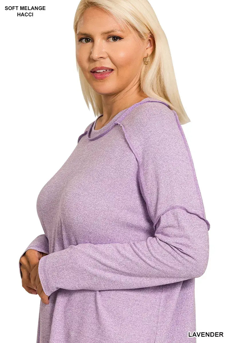 Zenana Full Size Melange Hacci Exposed Seam Hi-low Tee Plus Size