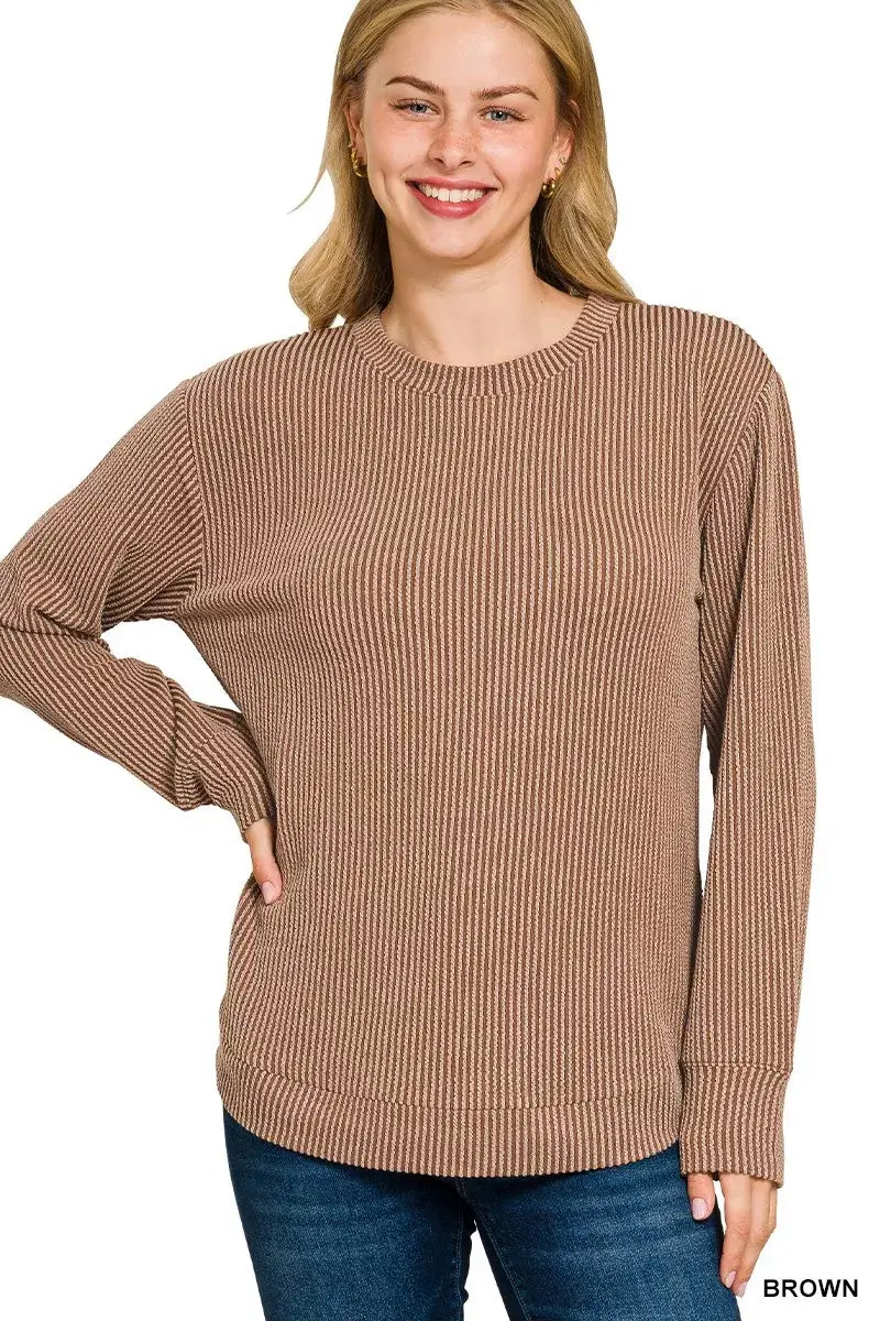 Zenana Full Size Raised Rib Round Neck Long Sleeve Top Plus Size Image principale du produit