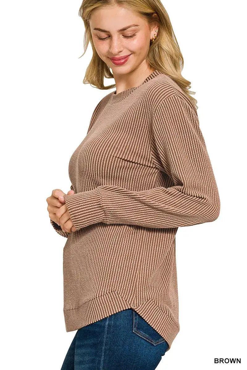 Zenana Full Size Raised Rib Round Neck Long Sleeve Top Plus Size