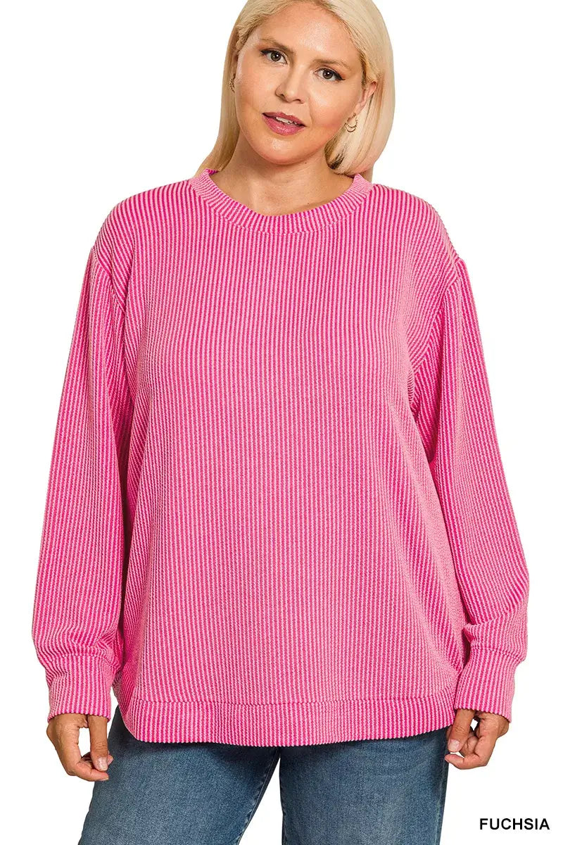 Zenana Full Size Raised Rib Round Neck Long Sleeve Top Plus Size