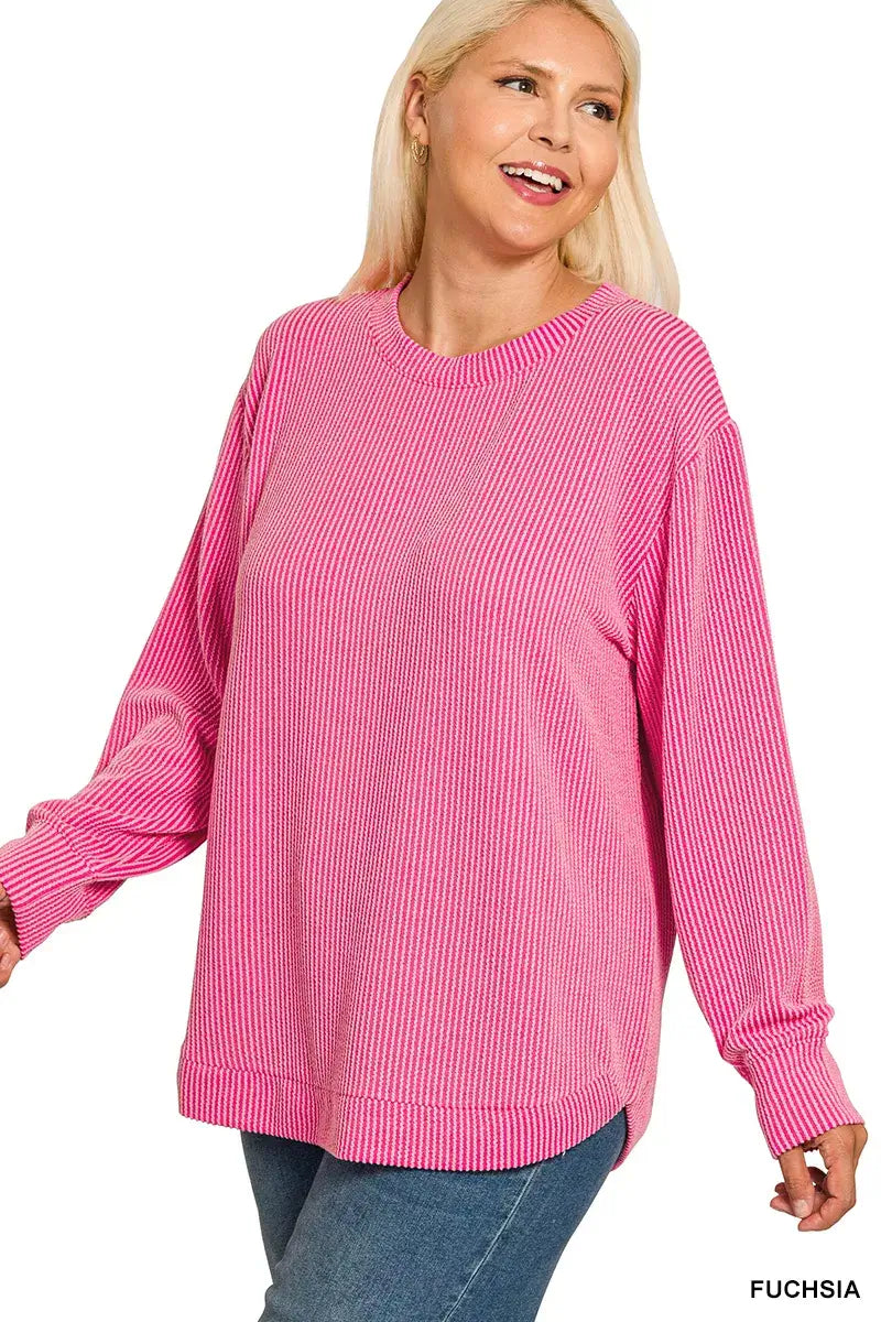 Zenana Full Size Raised Rib Round Neck Long Sleeve Top Plus Size