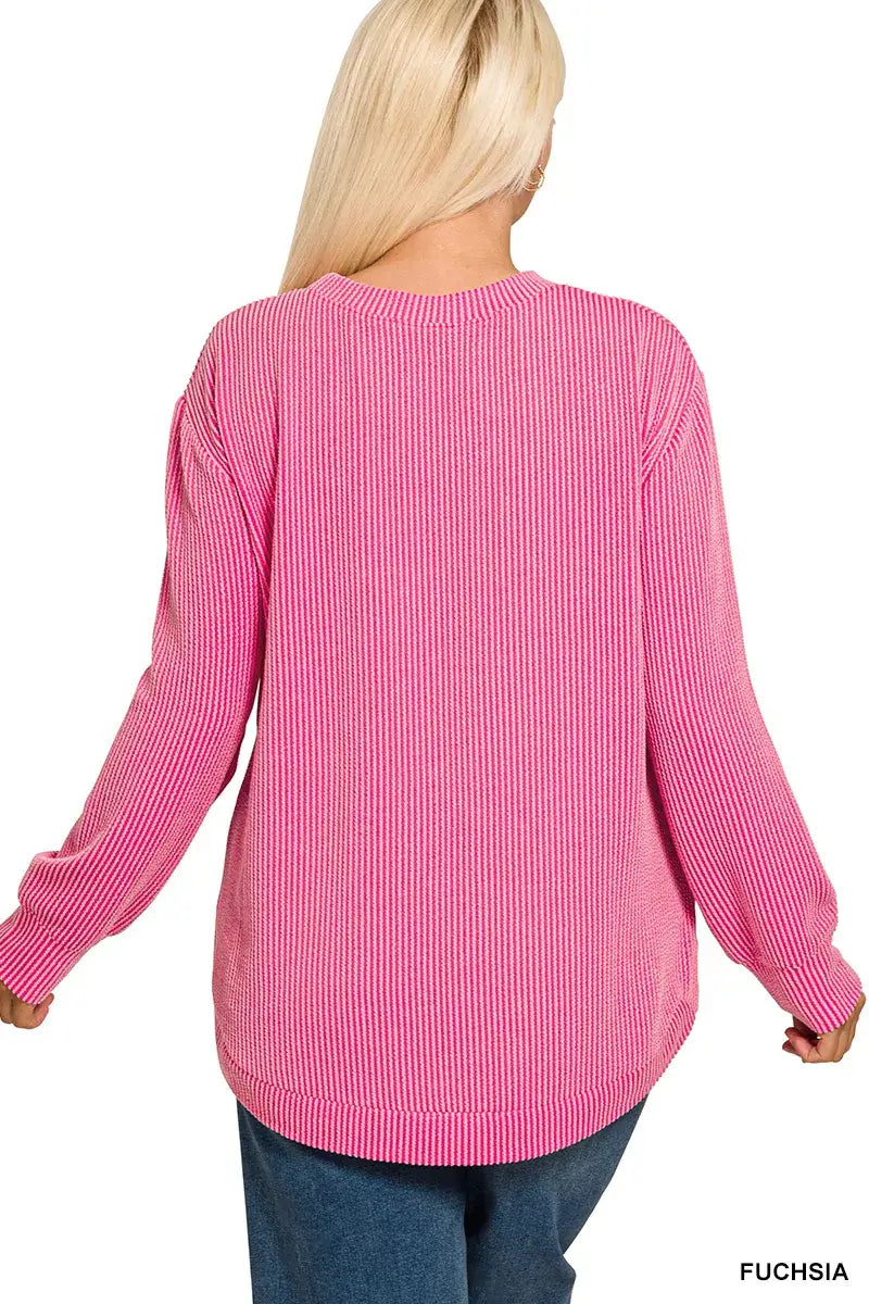 Zenana Full Size Raised Rib Round Neck Long Sleeve Top Plus Size