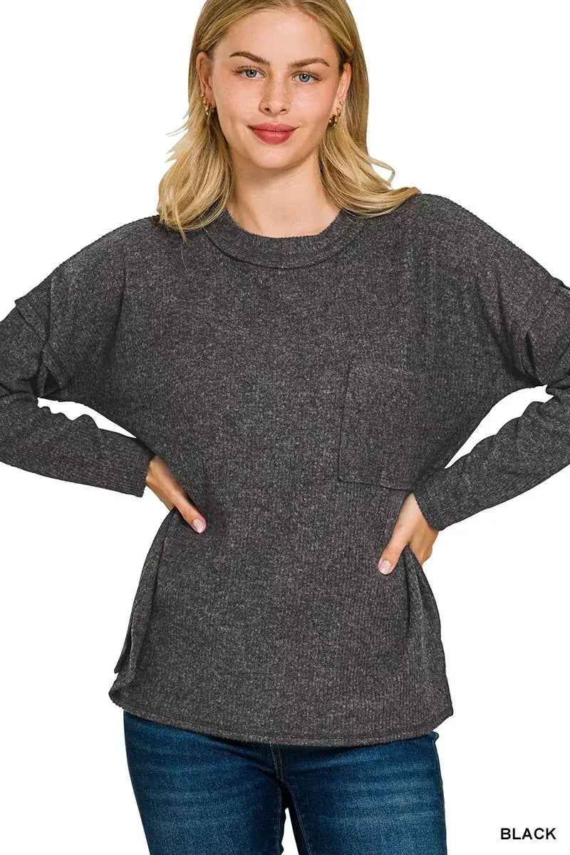 Zenana Ribbed Brushed Melange Hacci Sweater with Chest Pocket Hauptbild