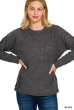 Zenana Ribbed Brushed Melange Hacci Sweater with Chest Pocket