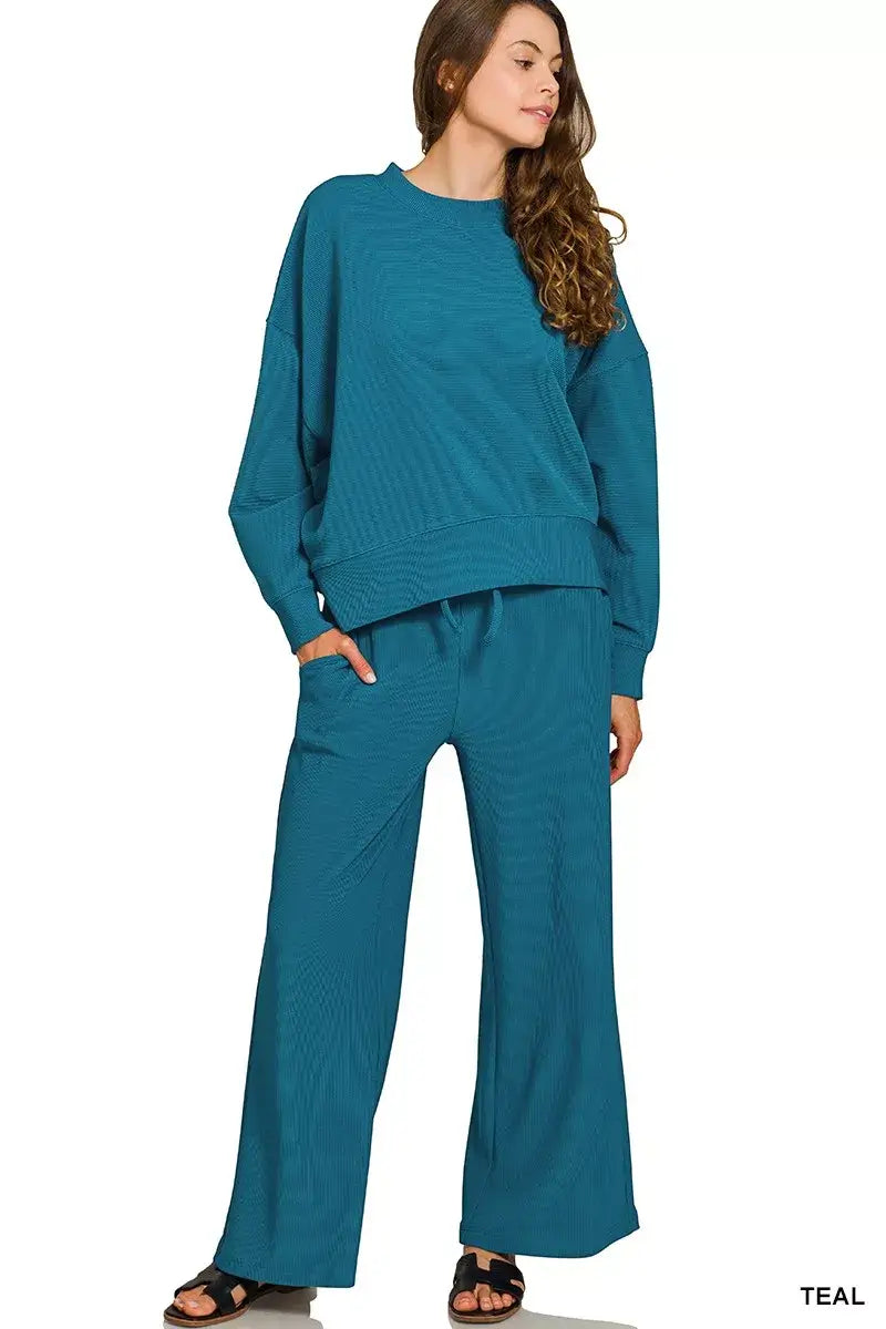 Zenana Ribbed Round Neck Pullover and Drawstring Pants Set