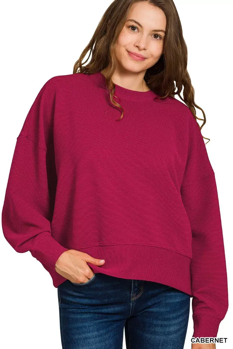 Zenana Ribbed Round Neck Pullover and Drawstring Pants Set