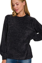 Zenana Round Neck Balloon Sleeve Chenille Sweater