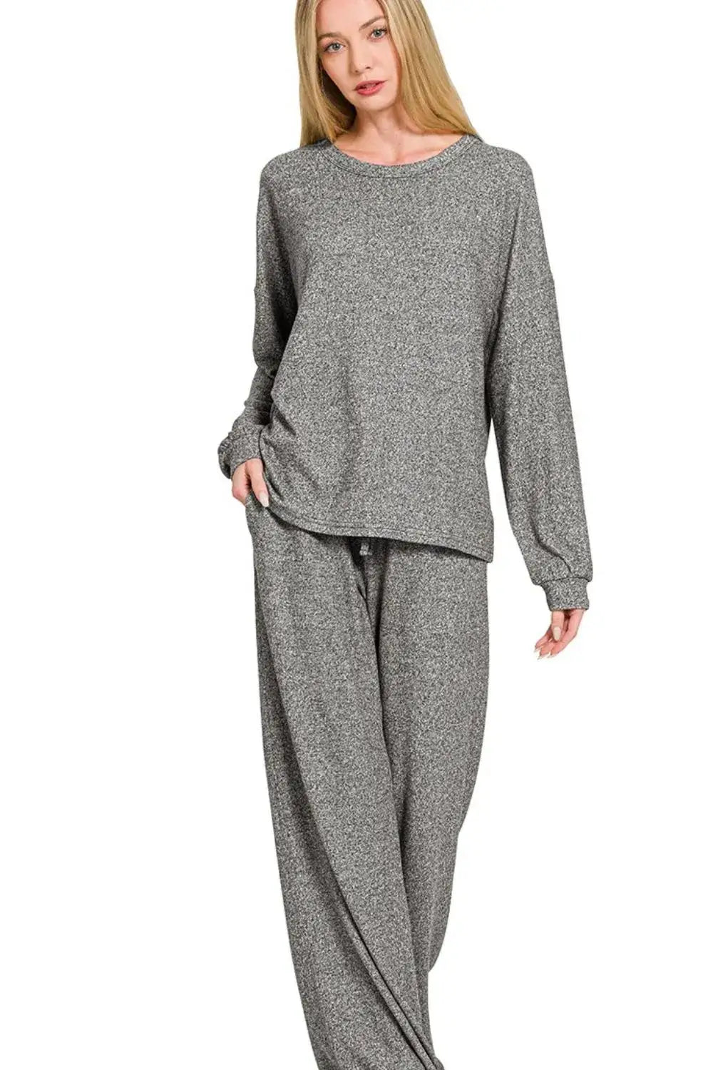 Zenana Soft Melange Hacci Long Slv Tee & Pants Set Hauptbild