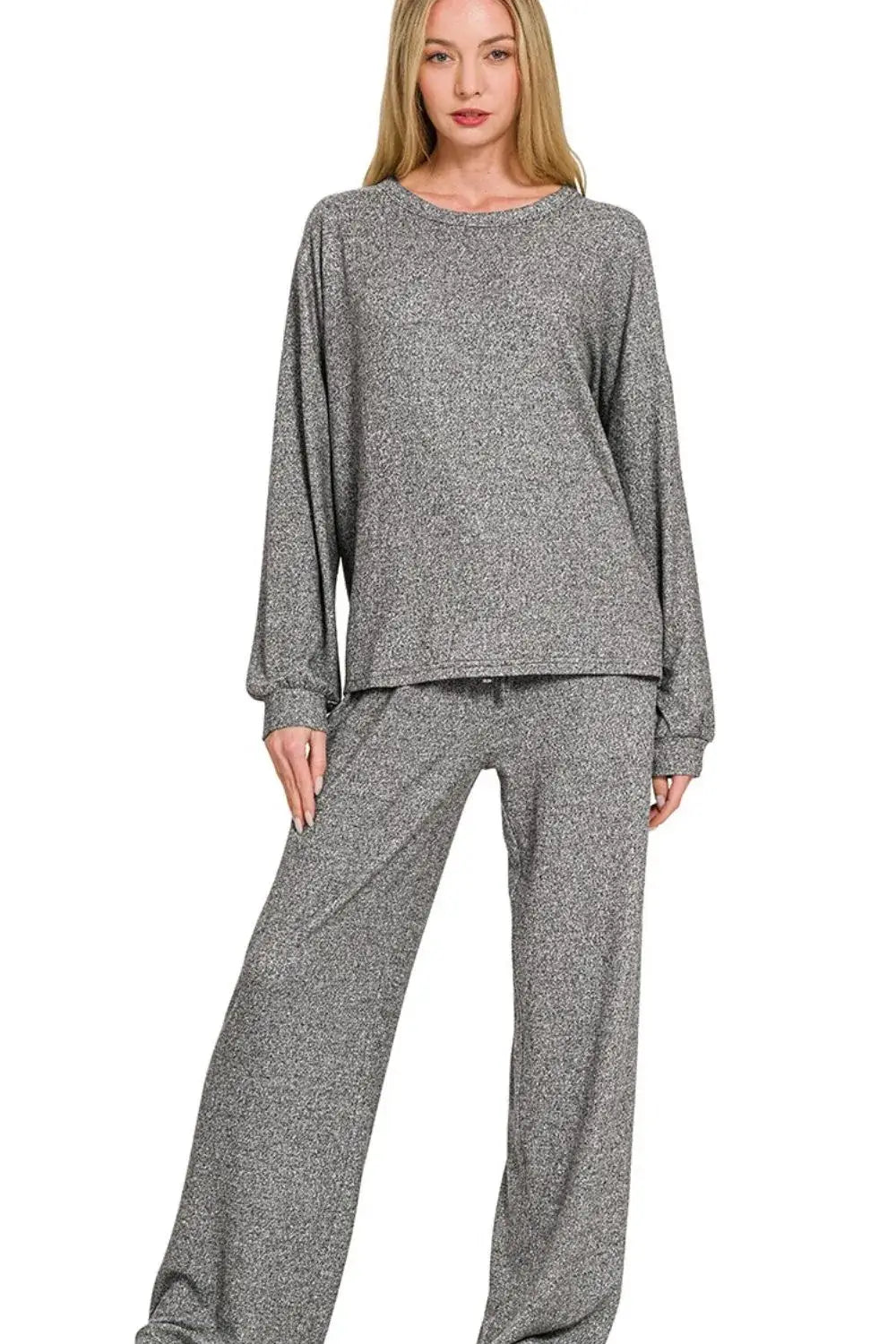 Zenana Soft Melange Hacci Long Slv Tee & Pants Set