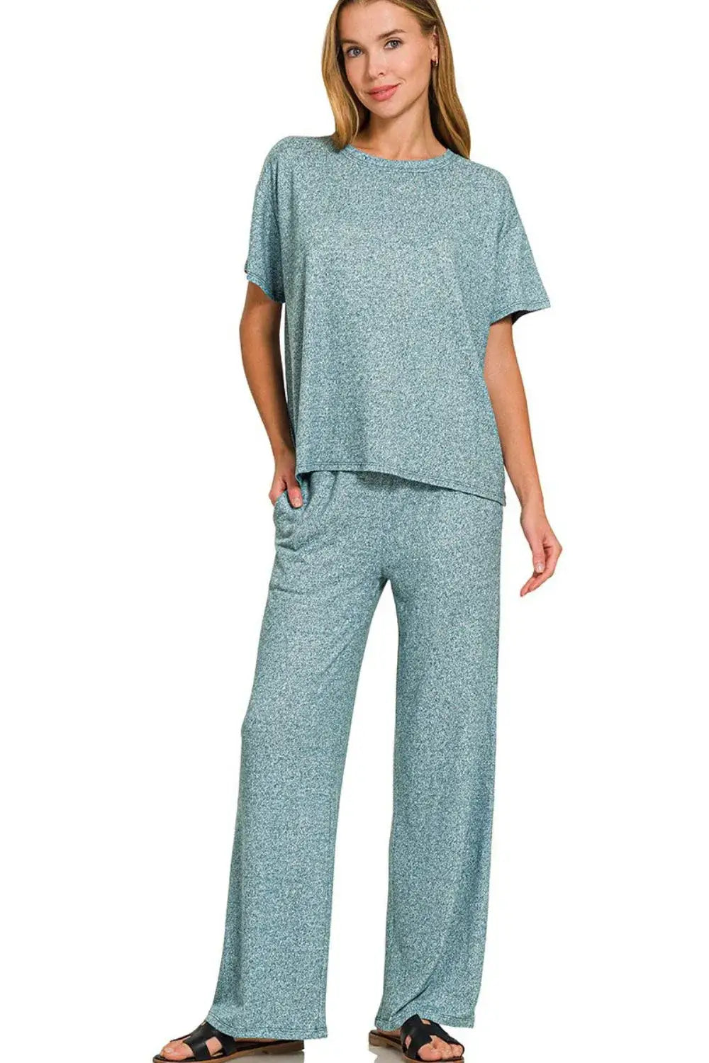 Zenana Soft Melange Short Sleeve Tee & Long Pants Set Hauptbild