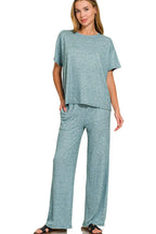 Zenana Soft Melange Short Sleeve Tee & Long Pants Set