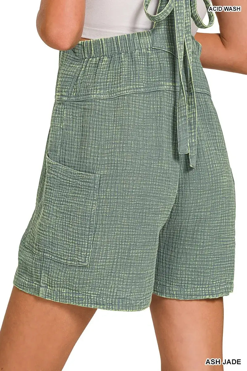 Zenana Washed Double Gauze Tie Back Rompers