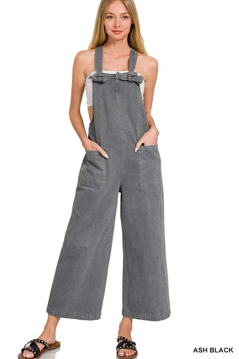 Zenana Washed Knot Strap Pockets Jumpsuit
