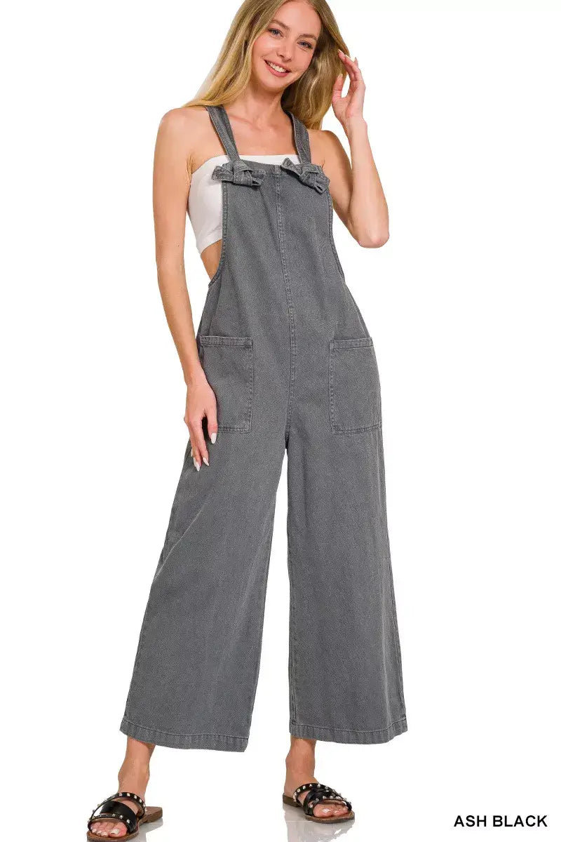 Zenana Washed Knot Strap Pockets Jumpsuit