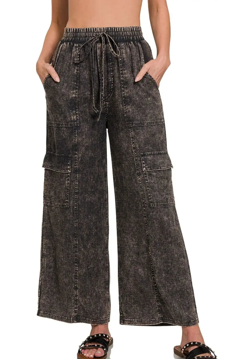 Zenana Washed Linen Elastic Band Waist Cargo Pants