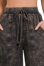 Zenana Washed Linen Elastic Band Waist Cargo Pants